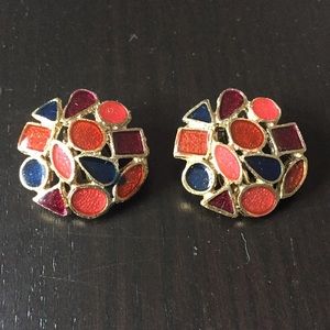 Vintage Gold & Colorful Inlay Clip-On Earrings